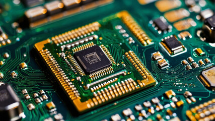 Close-up image of a microchip on a circuit board with detailed circuitry and connections visible.