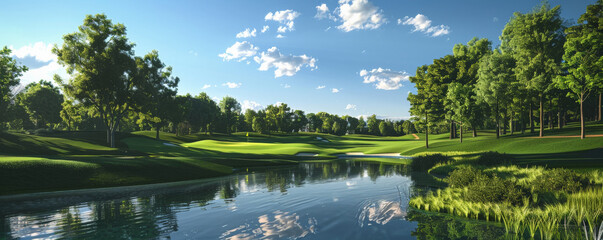 A serene golf course on a sunny day, featuring rolling fairways, a glistening water hazard, and a backdrop of tall trees against a bright blue sky.