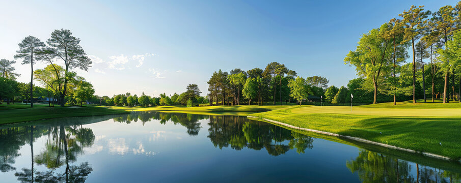 A serene golf course on a bright sunny day, with rolling fairways, a sparkling water hazard, and tall trees set against a clear blue sky.