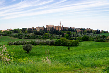 Fototapeta premium Tuscany, Italy-April 22, 2024: Historic Hilltop Town Surrounded by Greenery
