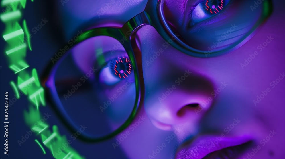 Wall mural modern digital art featuring a female face illuminated by violet and green lights, symbolizing the j