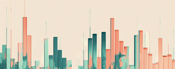 Obraz premium A sleek bar chart with teal and coral bars reflecting stock price changes, with the bars moving up and down against a neutral beige background.