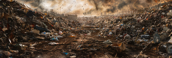 Mountains of garbage dominate a sprawling city dump, showcasing the scale of waste disposal challenges faced by urban communities worldwide, banner