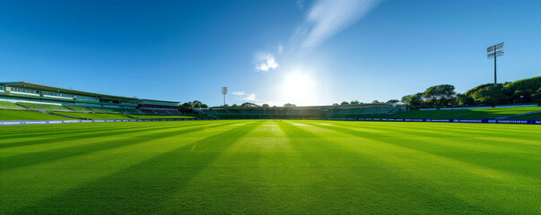 A stunning cricket field scene bathed in sunlight, with vibrant green outfield, a well-maintained pitch, and a cloudless blue sky, perfect for a match.