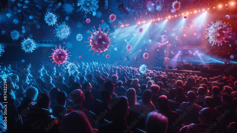 Aufkleber in a dimly lit auditorium, a crowd is gathered, with a stage at the back brightly illuminated. virus