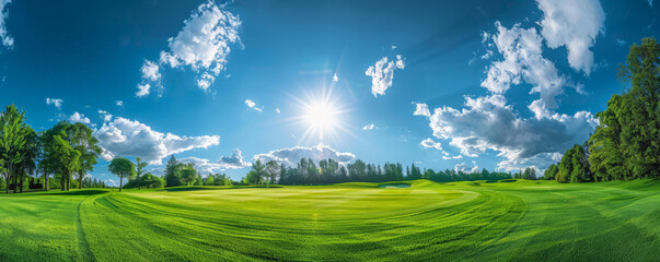 Fototapeta premium A sunny day at a golf course, with the bright green grass of the fairways and greens contrasting beautifully with the deep blue sky and occasional fluffy clouds.