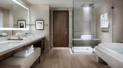 Spa-like bathroom with a walk-in shower featuring rainfall and steam options, alongside his-and-hers marble vanities