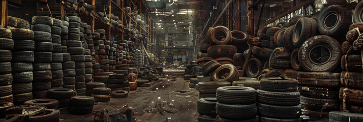 A warehouse featuring a range of second-hand car tires, set against a backdrop of urban decay and industrial ambiance , banner
