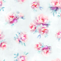 Delicate seamless print with peonies. Repeating pattern. Watercolor floral illustration. Flower heads with delicate petals and leaves.