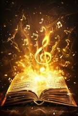 open book with musical notes and symbols floating out of it, creating an atmosphere of fantasy and...