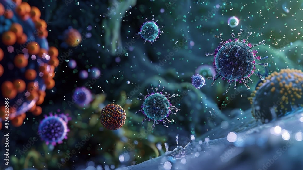 Poster a close-up image shows several viruses floating in a body of water, with a blue and green background