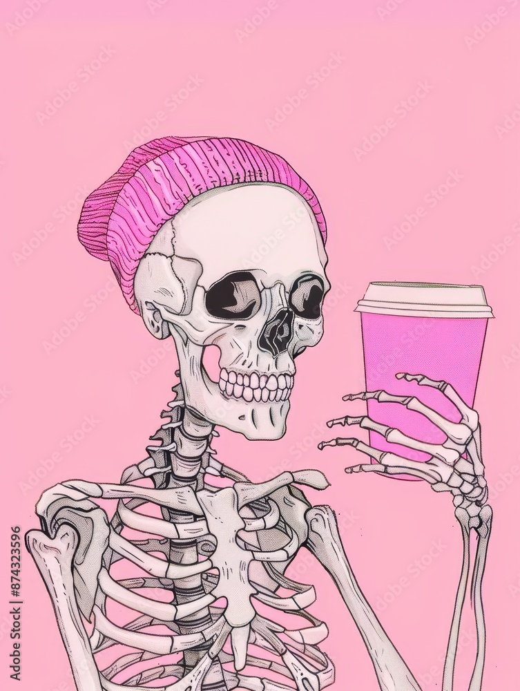 Wall mural pastel pink background, cute skeleton drinking coffee illustration, wearing beanie