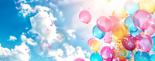 A vibrant background featuring a mix of helium balloons in bright colors, floating against a sunny sky with fluffy clouds, evoking a sense of joy and celebration.