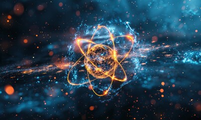 A glowing atom with three orbital rings is rendered digitally against a dark, starry background