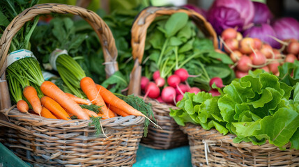 a vibrant farmers market stall, featuring an array of organic vegetables like carrots, radishes, and leafy greens, displayed in wicker baskets