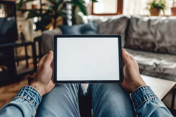 Male hands holding tablet with blank white empty screen, concept of technology use in everyday life, mockup tablet
