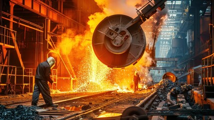 industrial steel mill in motion, with workers operating the iron smelting process and casting metal into forms