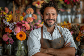 Fototapeta premium Handsome Cheerful Young Male Florist with Arms Crossed in Apron in Flower Shop Greenhouse