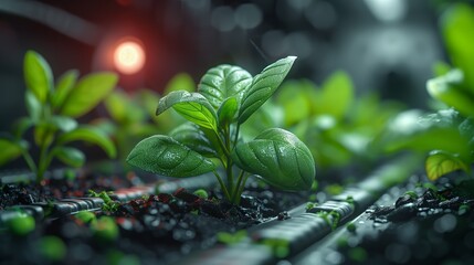 Obraz premium Close-up of a young, green plant sprouting from fertile, dark soil with dew drops on leaves, illuminated by warm sunlight in the background, symbolizing growth and new beginnings.