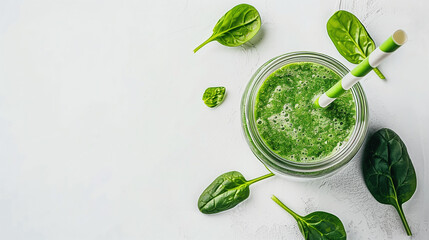 a detox green smoothie, with a blend of spinach, avocado, and lime, served in a glass jar with a metal straw, placed on a clean white surface with a few scattered spinach leaves