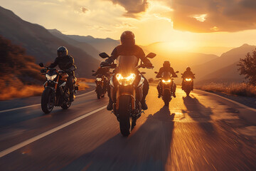 vintage style motorcycle group ride on scenic mountain road at sunset high speed photography dynamic exciting scene