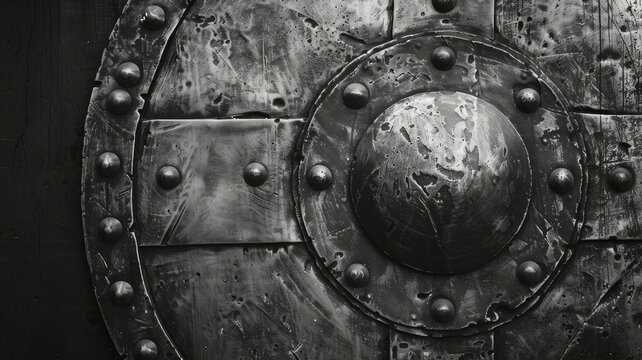 Close-up of aged, metal circular shield with rivets