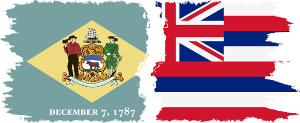 Hawaii and Delaware states grunge brush flags connection vector
