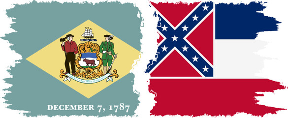 Mississippi and Delaware states grunge brush flags connection vector