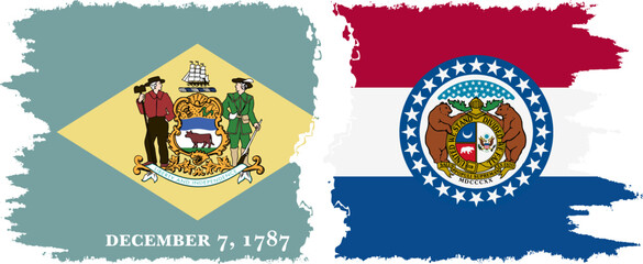 Missouri and Delaware states grunge brush flags connection vector