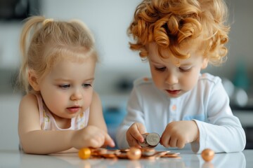 Naklejka premium Two young children counting coins at a table, focusing and learning about money management through play.