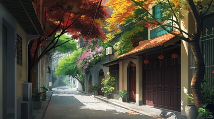 Fototapeta premium A serene street scene with colorful foliage and shadows casting on quaint buildings. Perfect for depicting peaceful urban life.