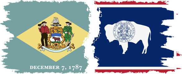 Obraz premium Wyoming and Delaware states grunge brush flags connection vector
