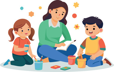 A woman is sitting on the floor with two children