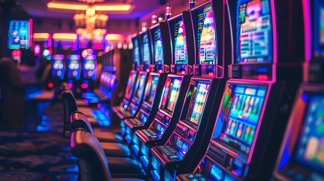 Colorful slot machines in a neonlit casino, vibrant and energetic ambiance