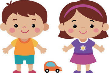 Cute cartoon illustration of two kids playing with a toy car