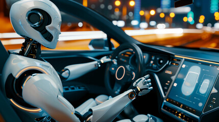 View from side of the robot driving car on a busy road. Concept of a vehicle that can be driven autonomously by artificial intelligence autopilot technology. Deep of field