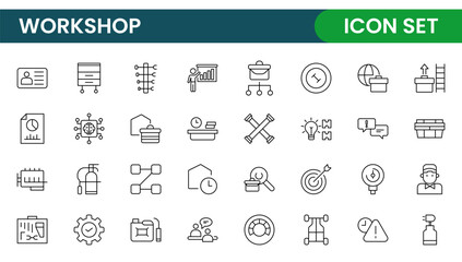 Set of Workshop and Coaching line icons. Outline icon collection related to training, coaching, mentoring, education, meetings, conferences, and teamwork.