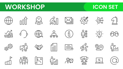 Set of Workshop and Coaching line icons. Outline icon collection related to training, coaching, mentoring, education, meetings, conferences, and teamwork.