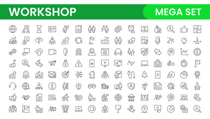 Set of Workshop and Coaching line icons. Outline icon collection related to training, coaching, mentoring, education, meetings, conferences, and teamwork.