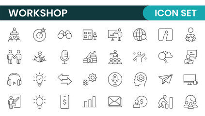 Set of Workshop and Coaching line icons. Outline icon collection related to training, coaching, mentoring, education, meetings, conferences, and teamwork.
