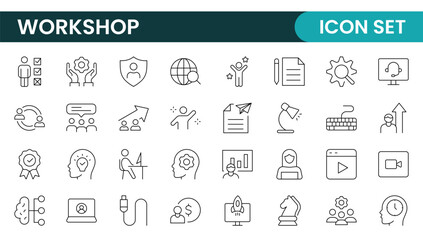 Set of Workshop and Coaching line icons. Outline icon collection related to training, coaching, mentoring, education, meetings, conferences, and teamwork.
