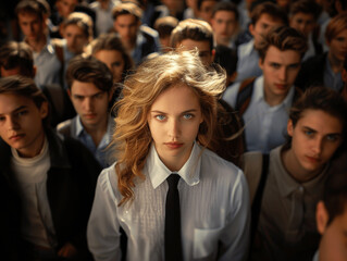 Blonde woman standing out in crowd of men on busy street in high contrast hyper realistic cinematic style