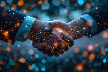A professional handshake with a digital network overlay represents connectivity, ideal for an abstract, wallpaper, or background concept