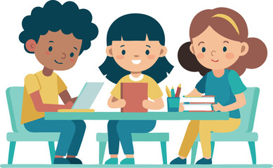 Fototapeta premium Three children sitting at a table with books and a laptop