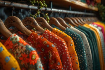 Fototapeta premium Row of Colorful Vintage Patterned Shirts on Wooden Hangers in a Boutique with Greenery Display Creating a Cozy and Rustic Shopping Atmosphere
