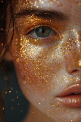 Fototapeta premium Close-Up of a Young Woman's Face with Blue Eyes, Covered in Sparkling Gold Glitter, Artistic Beauty in Focus, Gleaming Makeupglitter