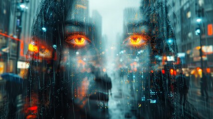 Obraz premium Futuristic surreal digital art with neon-lit cityscape overlaid with a mysterious female face with glowing orange eyes in a rainy urban streetCyberpunk