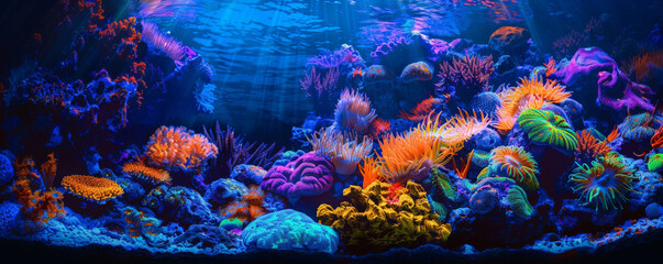 Fototapeta premium A vivid visual of colorful fluorescent corals glowing in neon shades of blue, orange, and magenta, isolated on a black background to create a visually dramatic and surreal underwater landscape.