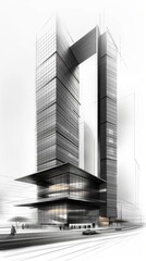 Sleek modern skyscraper architectural sketch with minimalist design and towering structure, showcasing futuristic urban development.