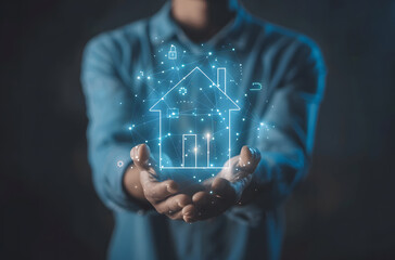 Smart home control concept. remote home control online home automation system. Businessman holding smart home technology on virtual screen design